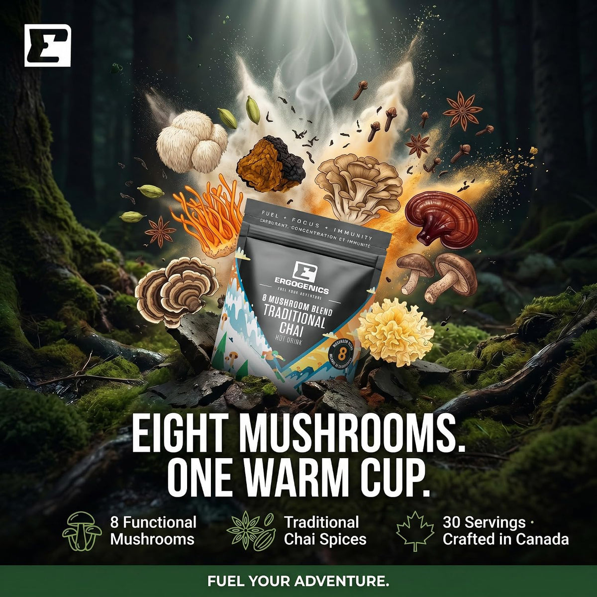 A branded pouch of Engdurgics Traditional Chai Mix stands in a forest scene with mushrooms, spices, steam, and outdoor elements floating around it. Large text reads 'EIGHT MUSHROOMS.