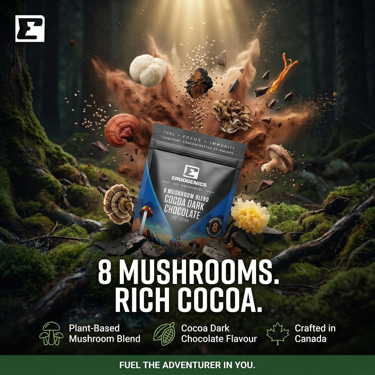 A pouch of ERGOGENICS Mushroom Blend Cocoa Dark Chocolate is shown floating in a forest scene with mushrooms, cocoa pods, and earth exploding around it. Large text reads '8 MUSHROOMS.