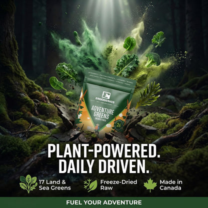 A pouch of ERGOGENICS Adventure Greens supplement floating in a mossy forest scene with green powder and leafy greens bursting around it. Large text reads 'PLANT-POWERED.