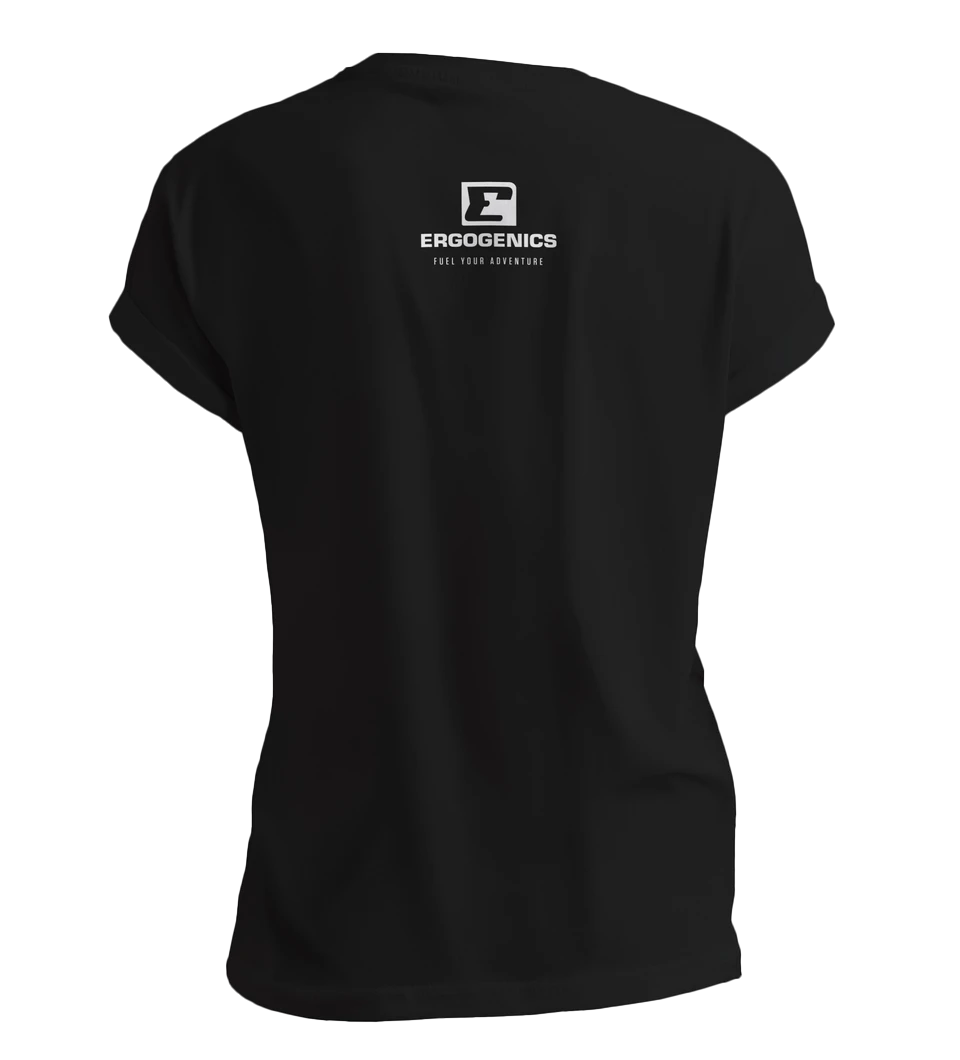 Black t-shirt with a logo on the back against a white background