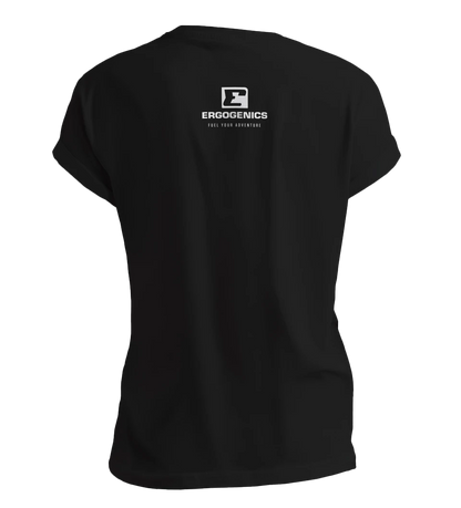 Black t-shirt with a logo on the back against a white background