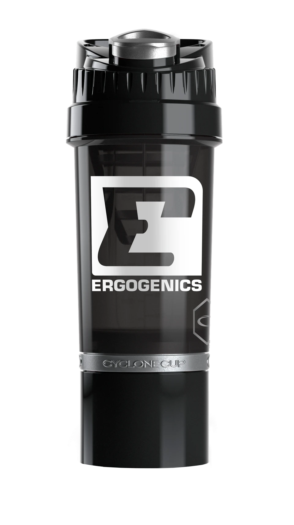 A black shaker bottle with a translucent dark body, a silver and black cap, and a white Ergogenics logo on the front, isolated on a white background.