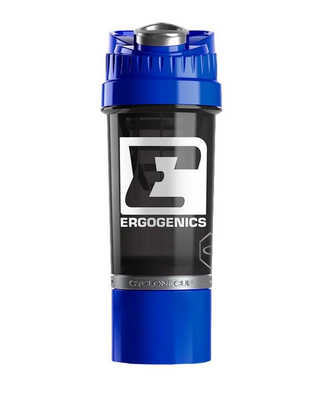 A blue and black Ergogenics Cyclone Cell water bottle with a silver cap, shown on a plain white background.