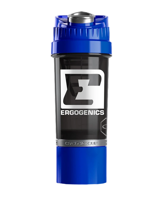 A blue and black Ergogenics Cyclone Cell water bottle with a silver cap, shown on a plain white background.
