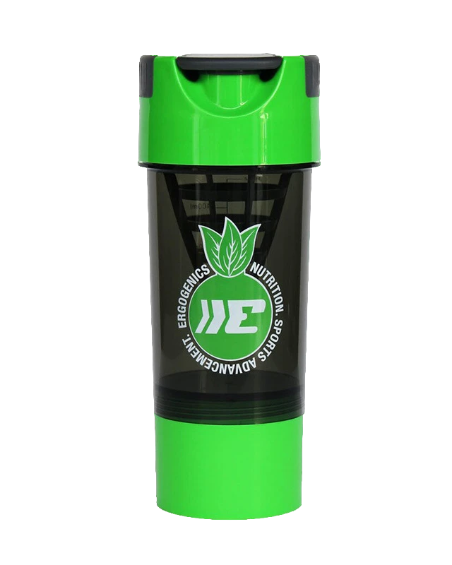 Black and green shaker bottle with a logo on a white background