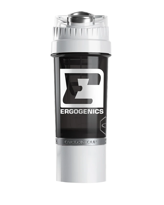 A black and silver Ergogenics Cyclone C4U water bottle with a white logo on the front, set against a plain white background.