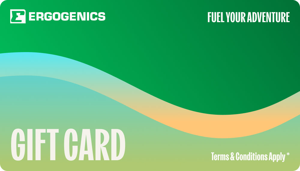 An Ergogenics gift card with a green-to-yellow gradient background, wavy light blue and orange bands, and white text reading 'ERGOCGENICS', 'FUEL YOUR ADVENTURE', 'GIFT CARD', and 'Terms & Conditions Apply *'.