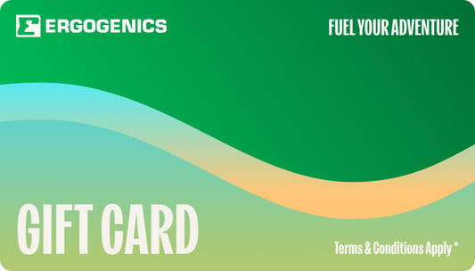 An Ergogenics gift card with a green-to-yellow gradient background, wavy light blue and orange bands, and white text reading 'ERGOCGENICS', 'FUEL YOUR ADVENTURE', 'GIFT CARD', and 'Terms & Conditions Apply *'.