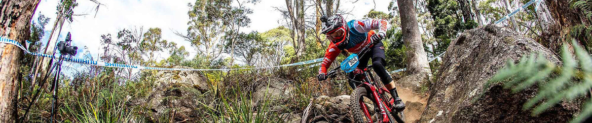 A mountain biker wearing a red and black outfit navigates a rocky, wooded trail outdoors, with trees, rocks, and a blue rope barrier visible in the scene.