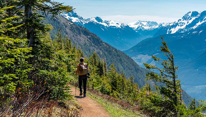 A hiker with a backpack and trekking poles walks along a dirt trail in a forested mountain valley, with snow-capped peaks in the background under a blue sky.