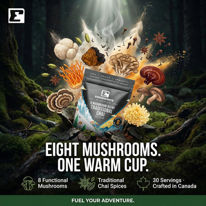 A branded pouch of Engdurgics Traditional Chai Mix stands in a forest scene with mushrooms, spices, steam, and outdoor elements floating around it. Large text reads 'EIGHT MUSHROOMS.
