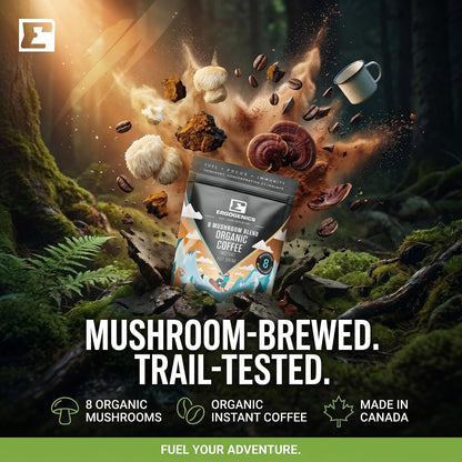 A bag of Enrootics Mushroom-Brewed Organic Coffee is shown floating in a dramatic forest scene with mushrooms, coffee beans, and a mug exploding around it. Large text reads 'MUSHROOM-BREWED.
