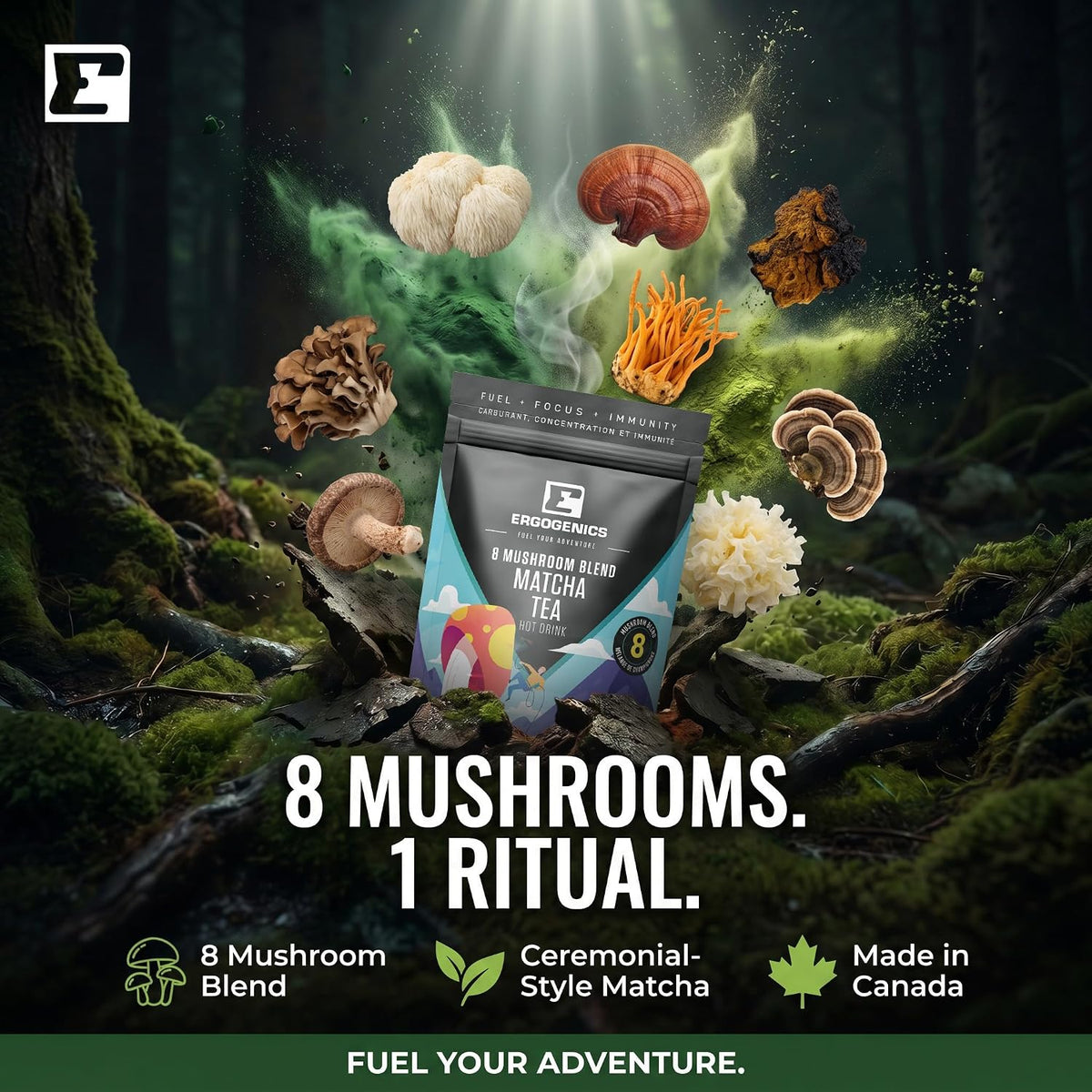 A stand-up pouch of ErogoEnetics 8 Mushroom Blend Matcha Tea is centered in a forest scene with mushrooms, green spore clouds, and forest elements around it. Large text reads '8 MUSHROOMS.