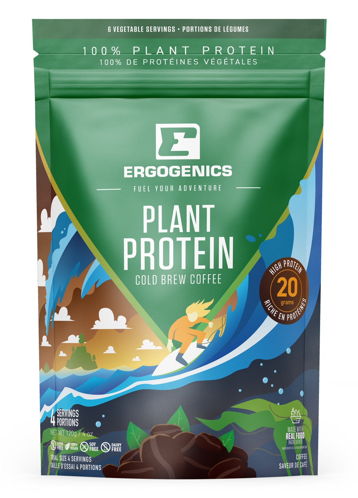 A bag of Ergogenics Plant Protein Cold Brew Coffee, featuring a green and blue design with a cartoon surfer and a brown coffee bean pile at the bottom.