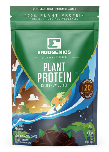 A bag of Ergogenics Plant Protein Cold Brew Coffee, featuring a green and blue design with a cartoon surfer and a brown coffee bean pile at the bottom.