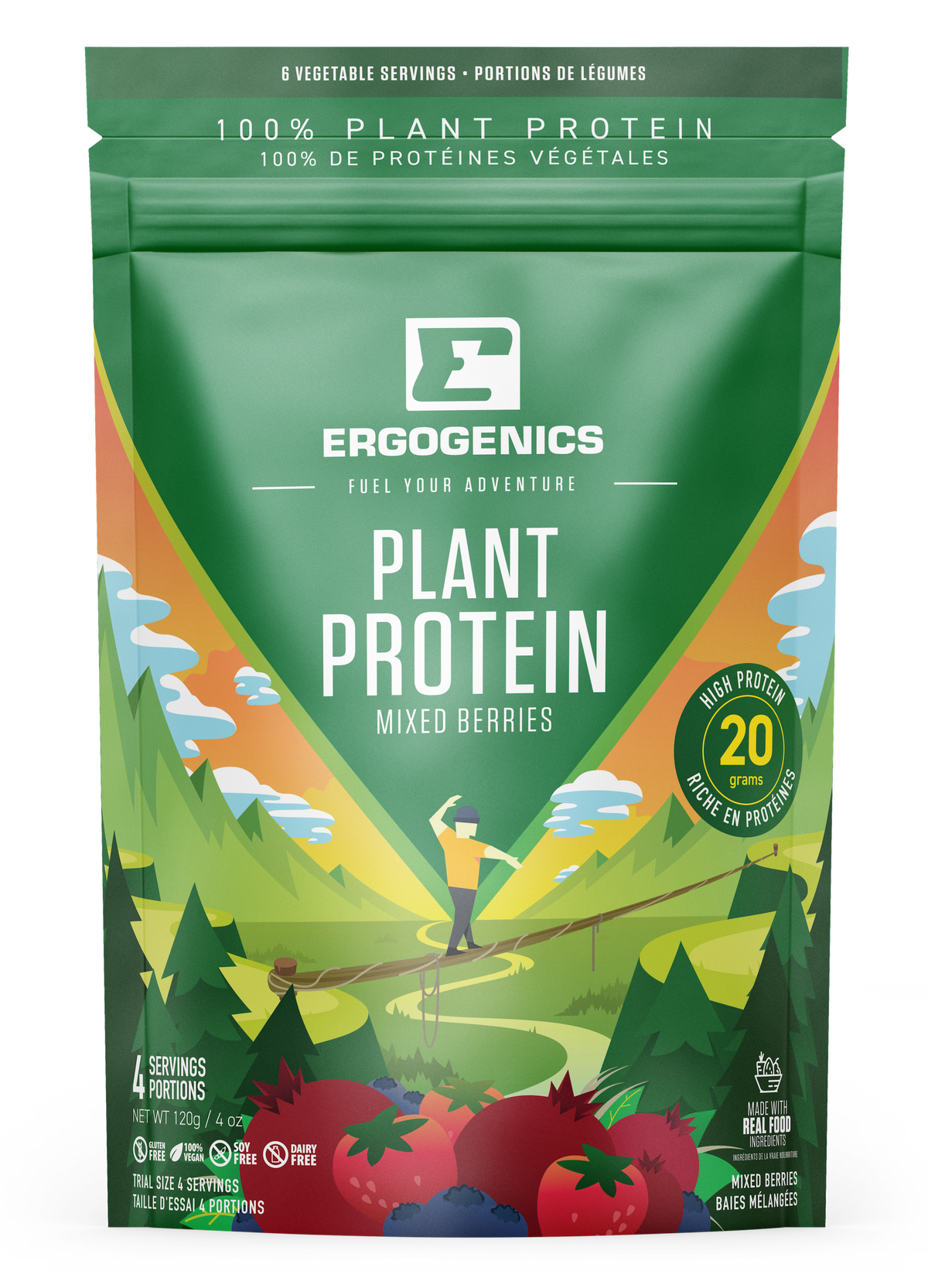 Ergogenics Plant Protein package with a scenic design on a white background