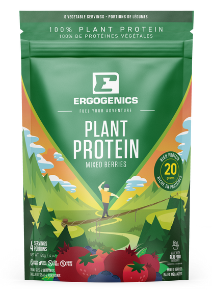 Ergogenics Plant Protein package with a scenic design on a white background