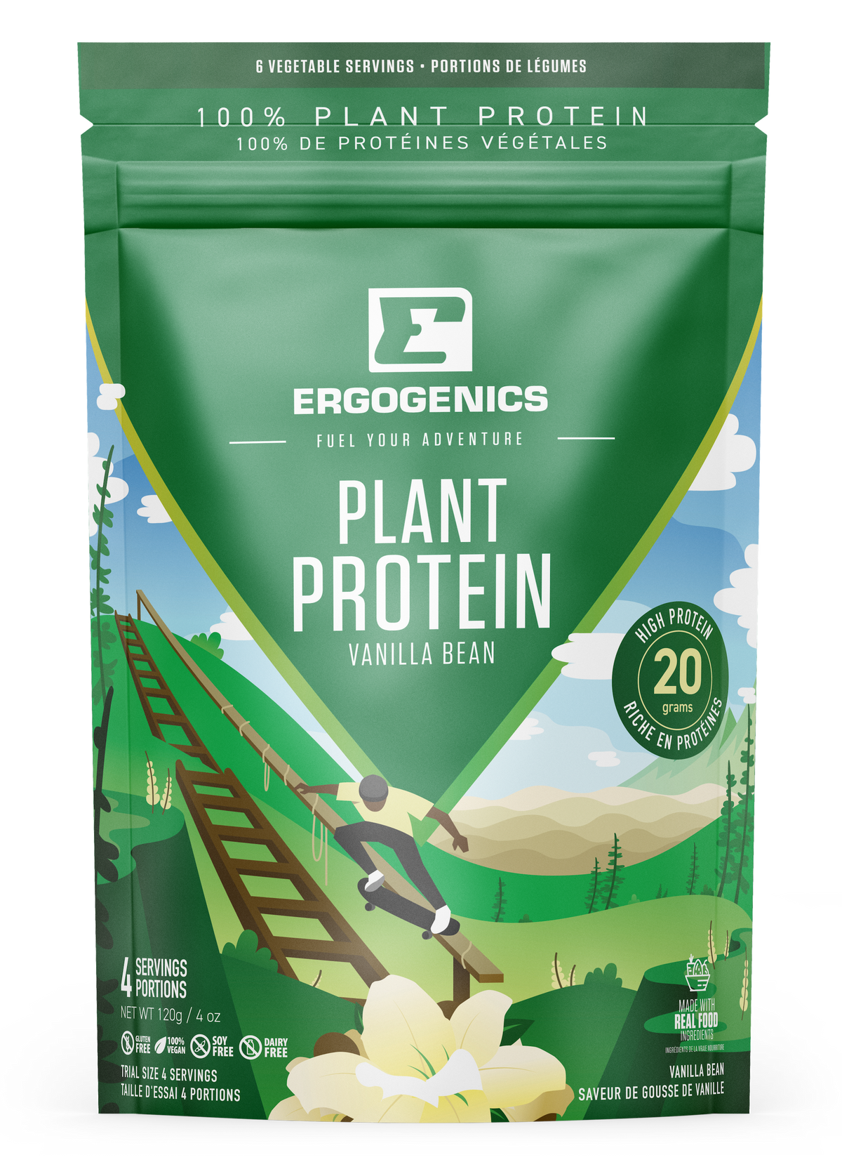 Ergogenics Plant Protein package with a scenic design on a white background