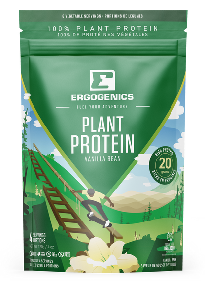 Ergogenics Plant Protein package with a scenic design on a white background