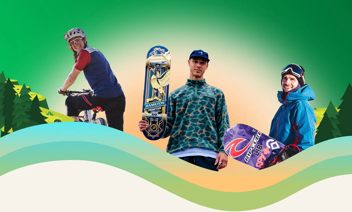 Three people outdoors on a mountain holding snowboard and bicycle gear, with a green-to-yellow gradient sky and stylized wave foreground. Visible brands include Burton on the snowboard and Patagonia on the jacket.