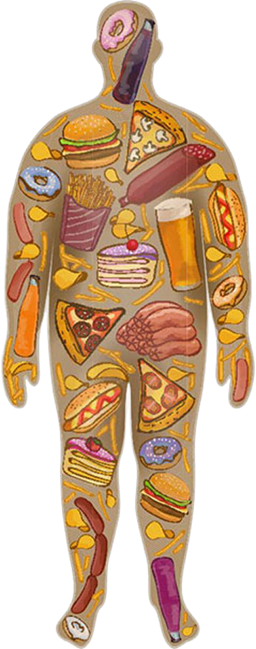An inflatable human-shaped party decoration covered in colorful cartoon food illustrations such as burgers, pizza slices, donuts, fries, a hot dog, a drink, and cake pieces, shown on a plain white background.